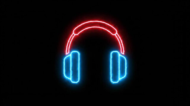Neon glowing headphones symbol on dark black background
