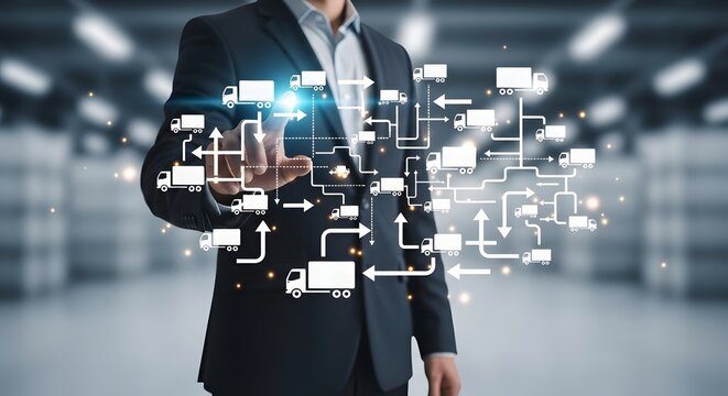 Businessman managing global logistics supply chain network using a futuristic digital holographic interface for efficient freight transport operations