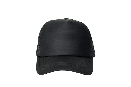 black baseball trucker cap with mesh front view on a white isolated background