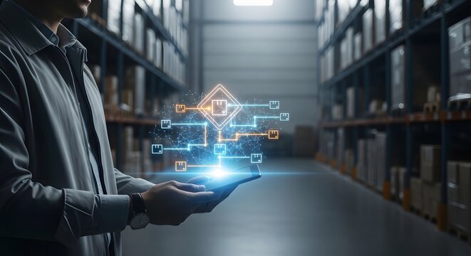 Man managing smart warehouse logistics using a digital tablet with futuristic hologram interface