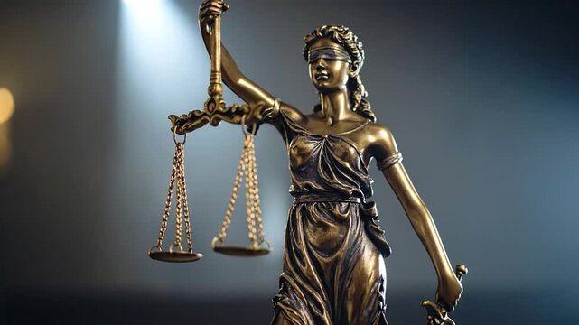 A bronze statue of a blindfolded woman holding scales of justice