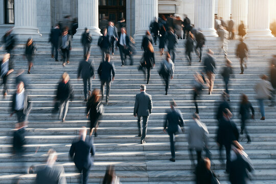 Business crowd on marble steps, business motion concept