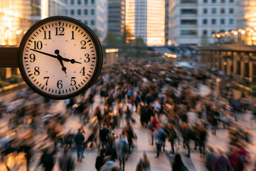 Obraz premium Clock over plaza with crowd, business motion concept