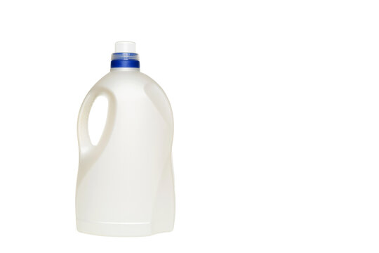 white bottle of liquid laundry detergent on a white background