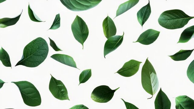 Scattered Green Leaves: A vibrant collection of fresh green leaves scattered across a clean, bright background, evoking a sense of nature and renewal.