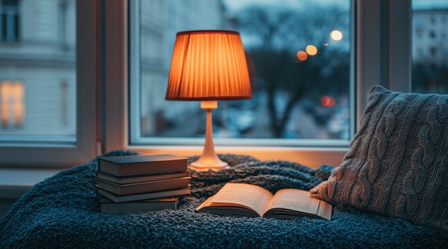 Cozy reading nook with a glowing lamp and books by the window at home in the evening