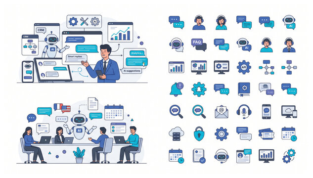 Professional AI Chatbot Vector Graphics Collection for Business Automation and Artificial Intelligence Communication Solutions