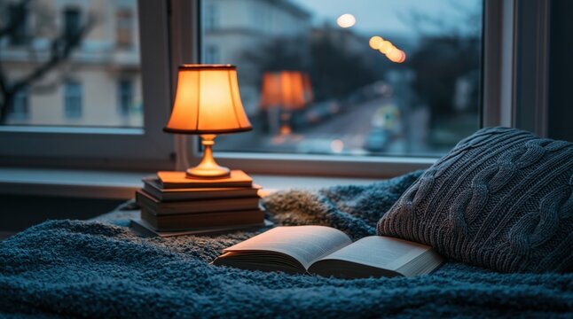 Cozy book reading by warm lamp light near window during a peaceful moody evening