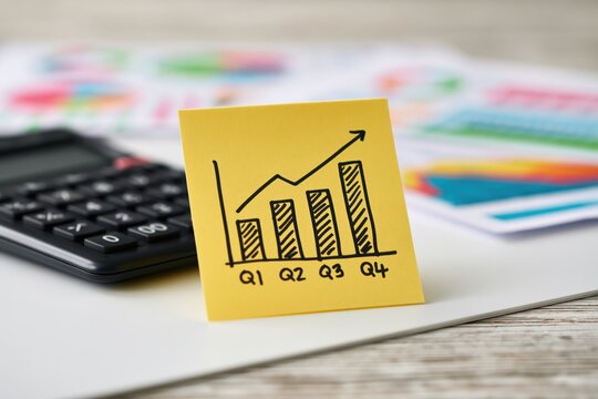 Business growth chart on a sticky note with a calculator for quarterly finance analysis