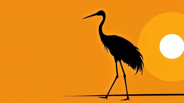 Silhouette of a Crane at Sunset: A striking silhouette of a lone crane stands against a vibrant orange sunset, its long neck and legs elegantly defined by the warm, fading light.