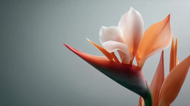 Close-up of a Bird of Paradise flower, featuring vibrant orange, red, and white petals