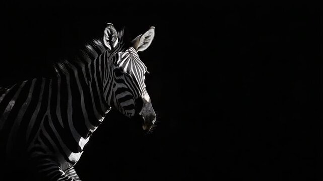 A zebra's head and upper body are visible against a deep black background, highlighted