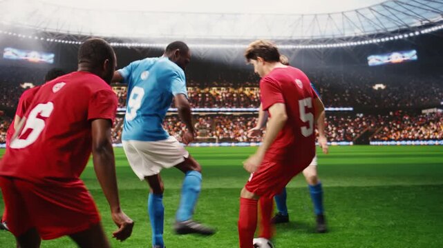 Striker running forward and kicking soccer ball to score goal, attack action with dynamic footwork on pitch, opponent chasing ball, player in motion breaking away accelerating.