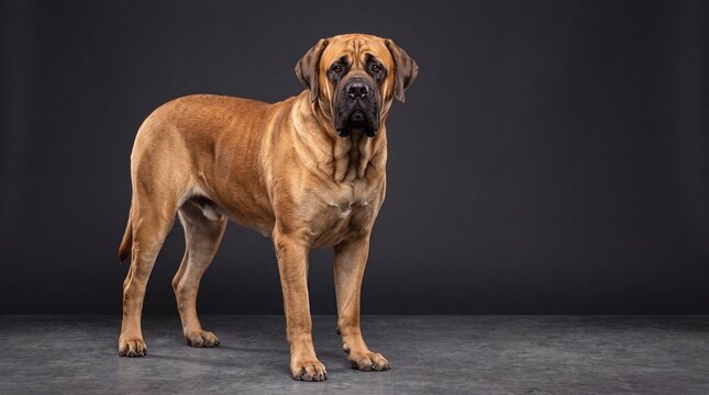 Full body portrait of a large English Mastiff dog standing in a professional studio against a dark gray background