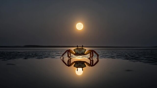 A crab faces a full moon over water, with its reflection below. A serene, minimalist scene