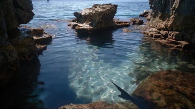 Clear ocean water reflects sunlight, creating patterned shadows against rocks. A shark-like silhouette overlays