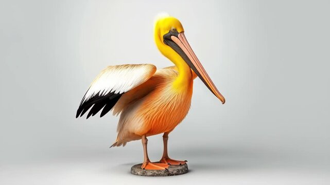 Golden Pelican Pose: A striking yellow and orange pelican stands tall on a rocky perch, its wings slightly spread, showcasing its magnificent plumage against a neutral backdrop.