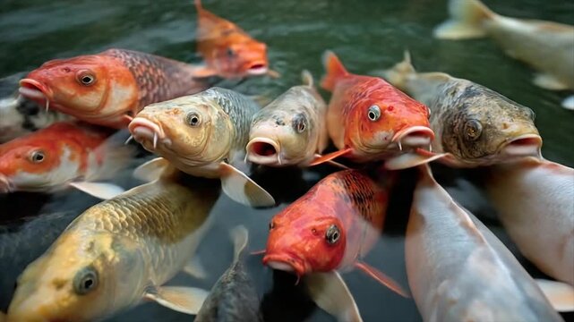 Close-up of colorful koi fish swimming near the surface of dark water