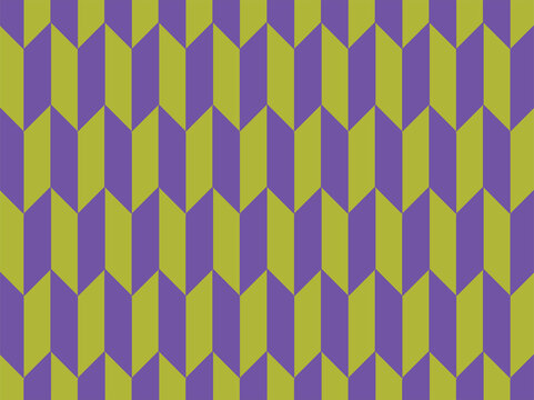 Modern seamless geometric pattern featuring repeating vertical chevron shapes in vibrant purple and lime green. The clean symmetrical design creates a bold contemporary and retro aesthetic