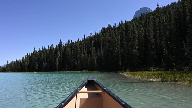 POV action from a canoe as it is paddled close to shore on a mountain lake that is surrounded by dark green evergreen trees with a blue sky and no clouds
