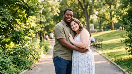 Fototapeta premium Happy interracial couple hugging and smiling in a sunny green park during summer