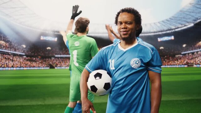Portrait of Black football player in blue jersey holding ball on pitch, standing ready to play before game, teammates preparing for football match, portrait with ball.