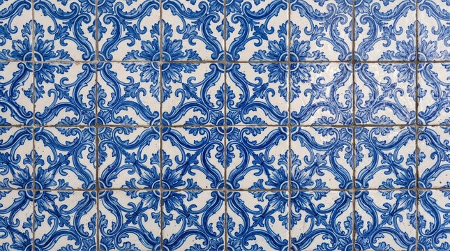 Traditional Portuguese Azulejo Tiles Blue and White Background
