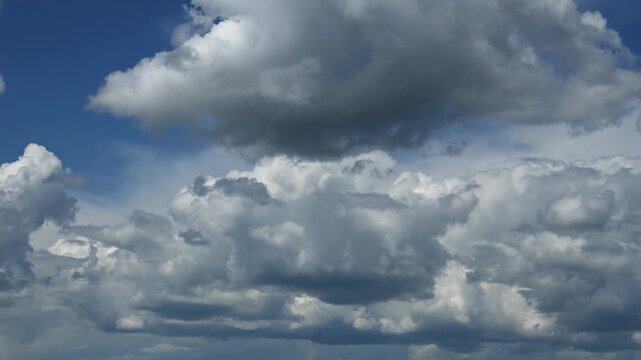 Timelapse of growing cumulus clouds in a summer sky fill the frame
