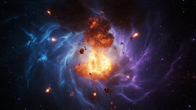 Bright orange explosion in deep dark outer space