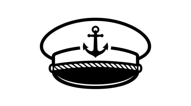 Captain hat vector icon with anchor emblem, black and white sailor cap symbol for nautical, marine, and naval design