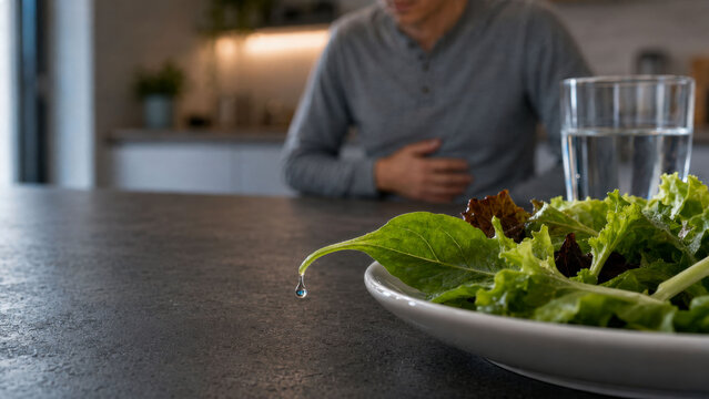 Cyclospora Foodborne Illness Concept with Contaminated Water Droplet Hanging from Fresh Lettuce and Man Experiencing Abdominal Pain, Panoramic Health Banner