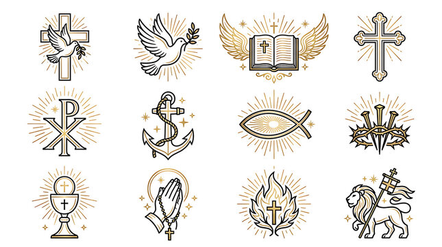 Set of Christian religious line art icons featuring cross dove bible praying hands lion of judah and sacred symbols