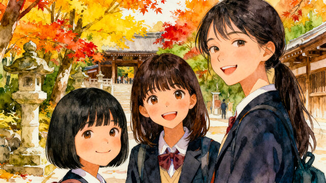 秋の修学旅行で紅葉を楽しむ制服姿の女子高生の水彩イラスト