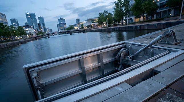 Smart city floodgate open canal representing processing development advanced laboratory gadget