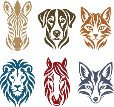 Colorful set of six tribal style animal head logos featuring zebra, dog, cat, lion, horse and fox. Matching minimalist striped design in gold, brown, orange, blue, red and grey on white background. Id
