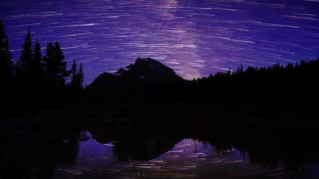 Night sky timelapse with uti-colored stars and comet type tails rotating above a rugged mountain and reflecting in a calm pond. Weak aurora light the sky.
