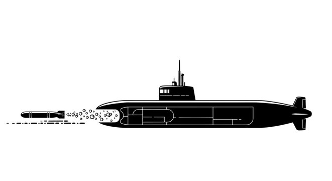 A black silhouette vector illustration of a military submarine firing a torpedo with bubbles. Isolated on a white background.