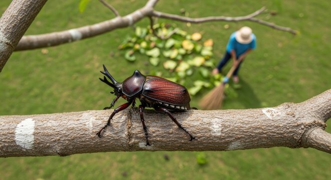 beetle on tree branch with gardener raking leaves