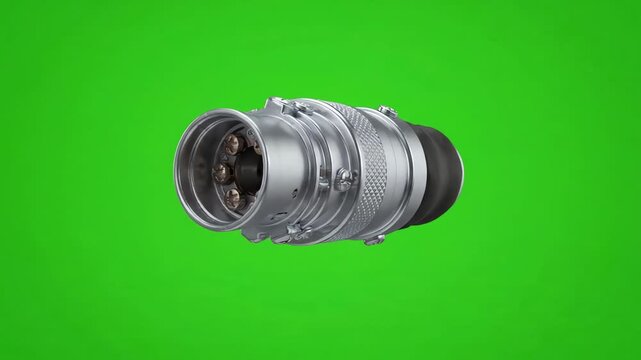 3D rendered electrical wire connector rotating slowly against a bright green screen background for easy keying