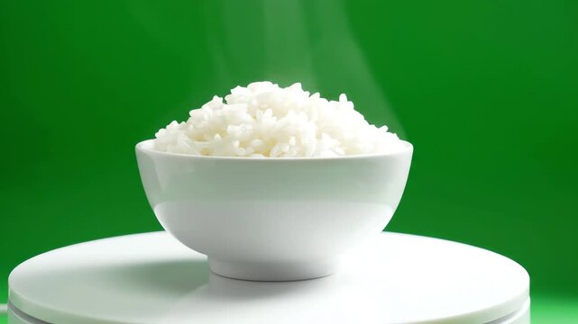 A bowl of fluffy white steamed rice rotating slowly on a flat surface against a solid chroma key green screen background