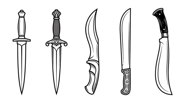 Collection of various knife and dagger outlines featuring combat blades, hunting tools, and curved steel weapons for design