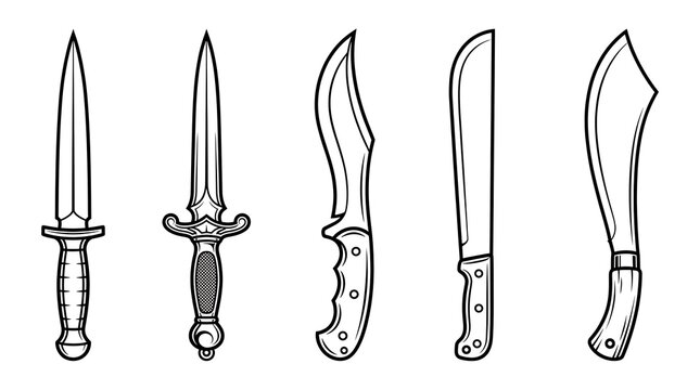 Set of vector illustrations of various blades, daggers, knives, and machetes in black and white style