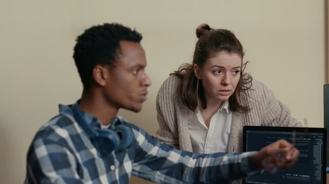 Database developer reacts to successful algorithm results beside running code screens, marking a collaborative development milestone with a high five