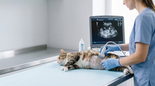 Female veterinarian performing ultrasound on calico cat in clinic  