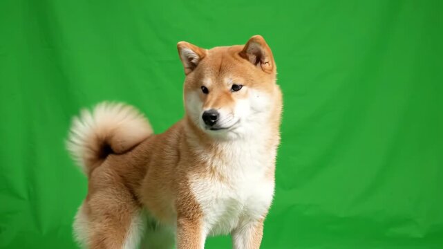 A curious Shiba Inu dog tilting its head and wagging its tail while sitting against a solid green screen background for easy chroma keying