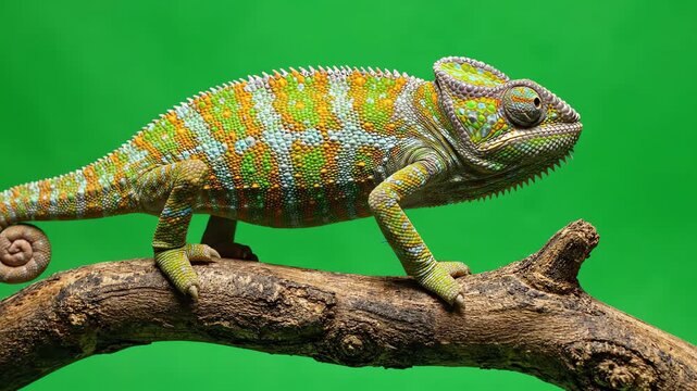 A colorful veiled chameleon walking slowly along a wooden branch against a solid green screen background for easy compositing