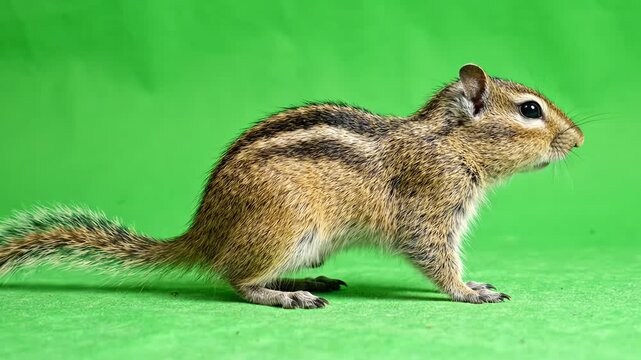 A cute furry chipmunk walking slowly across a vibrant green screen background while occasionally pausing to sniff the air and look around