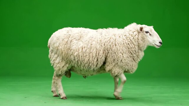 A fluffy white sheep walks slowly across a bright green screen background for easy keying and compositing
