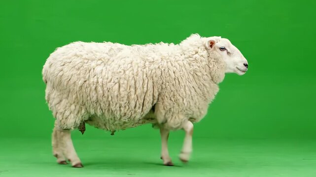 A fluffy white sheep walking slowly across a vibrant green screen background for easy compositing and chroma keying