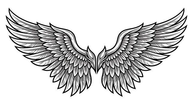 A Detailed Illustration Of Majestic Angel Wings Featuring Intricate Feather Patterns Designed For Elegant Emblems And Artistic Symbols